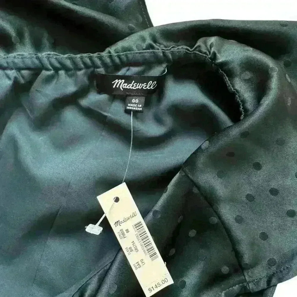Madewell Silk Dark Green Polka Dot One Shoulder Dress - Size 00 - Picture 4 of 4